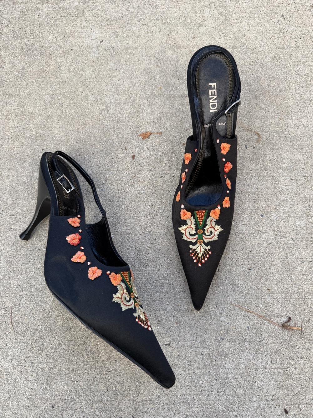 Vintage Fendi Black Satin Embroidered Pointed Slingback Heels